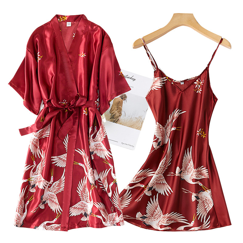 Burgundy Women 2PCS Faux Silk  – обзор и цена Robe Silk Women